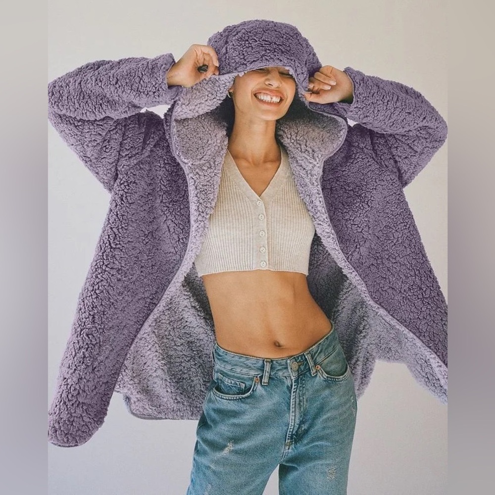 Urban Outfitters Carmella Reversible Hooded Teddy Jacket in Purple - Size XS/S